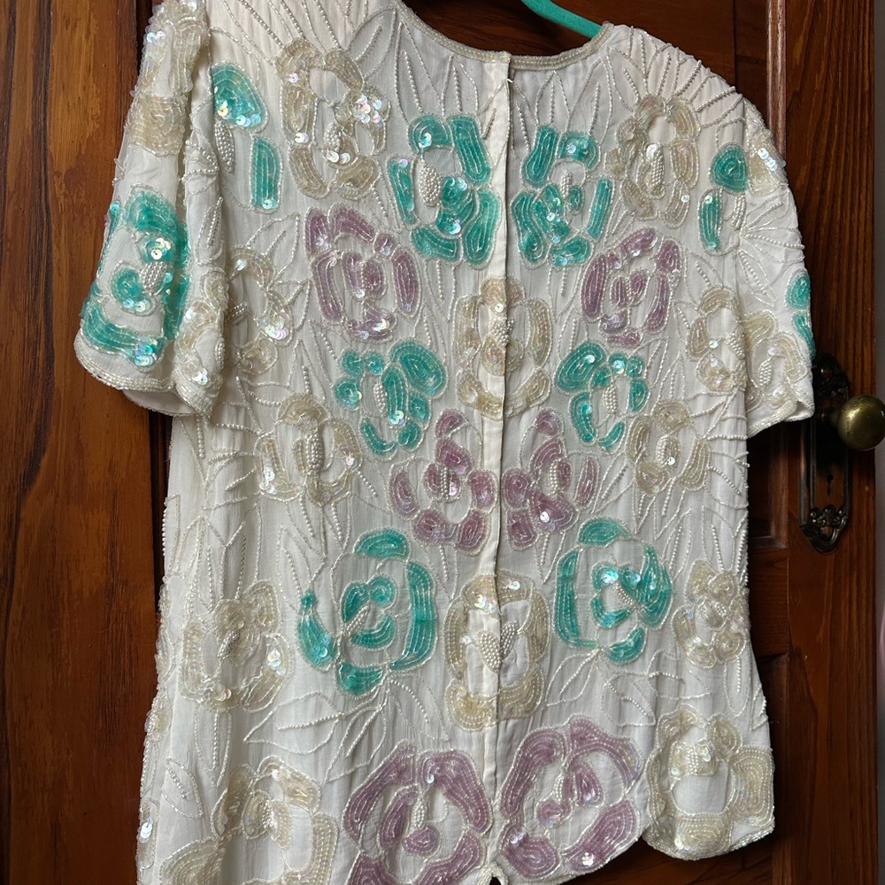Vintage Floral Sequined Embroidered Teal, Pink & White Blouse - Picture 7 of 10